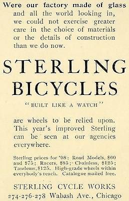 1898 Ad Sterling Cycles Bicycles Road Racer Tandem Chainless Transport 