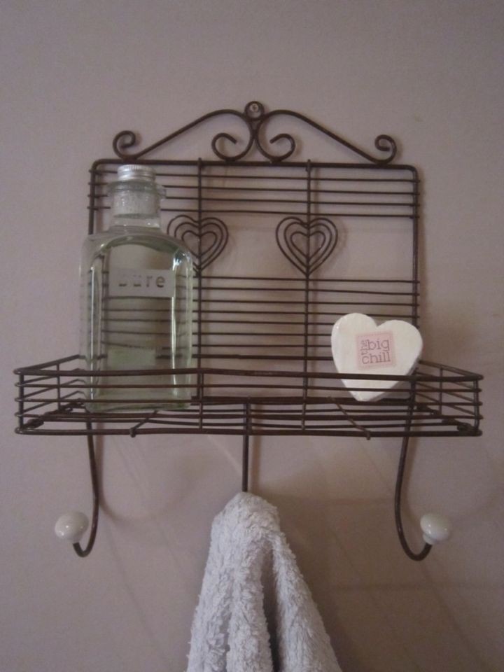 WIRE HEART METAL BATHROOM SHELVES WITH 3 HOOKS UNIT STORAGE KITCHEN 