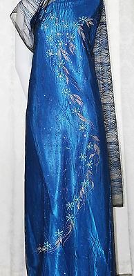 Vietnamese Traditional Dress Ao Dai Bridal Wedding Gown Blue Flowergem 