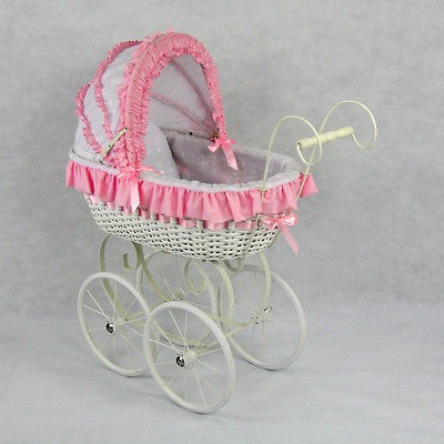 New Girls Toy Wicker Doll Carriage Buggy Stroller Pram Jacqueline 