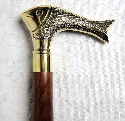 Brass Fish Handle Teak Walking Stick Cane with Brass Inlaid Stick