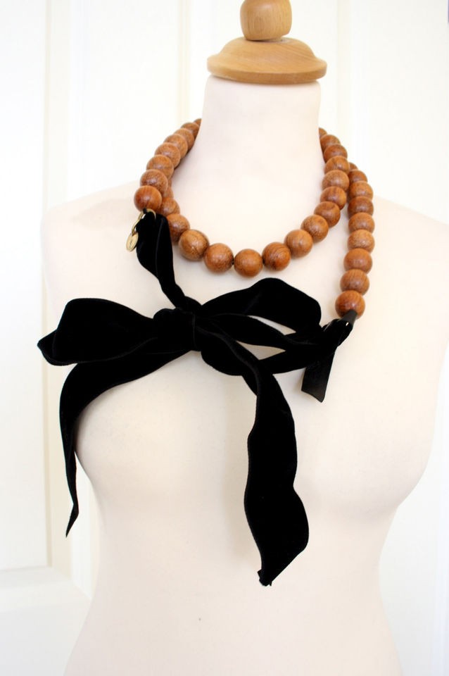 YVES SAINT LAURENT LONG WOOD ORBS & VELVET BOW NECKLACE (2005)* YSL