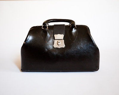 Vintage Black Leather Doctors Bag with Silver Buckle Luggage Handbag