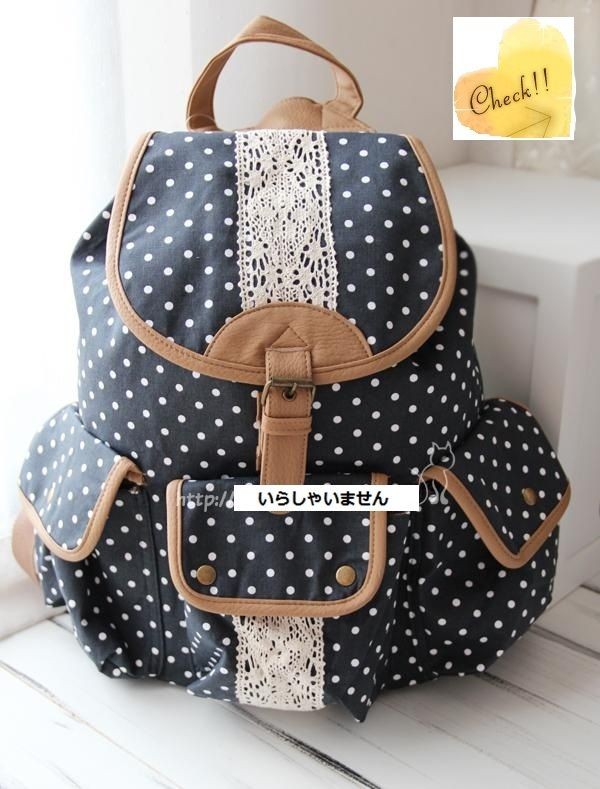 JAPAN Vintage Polka Dot Lace Pocket Backpack School Campus Outdoor 