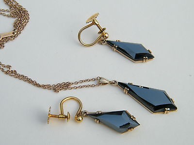 VINTAGE 10 K GOLD BLACK ALASKAN DIAMOND / HEMATITE PENDANT & EARRINGS