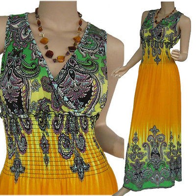 Womens Boho Hippie Wedding yellow Extra Long Maxi Dress Size L N002 E