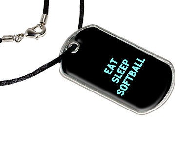 Eat Sleep Softball   Military Dog Tag Black Satin Cord Necklace