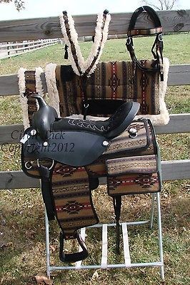 16 WESTERN SADDLE/W SADDLE BAG 6 PIECE SET BLK AZTEC DESIGN FREE SHIP 