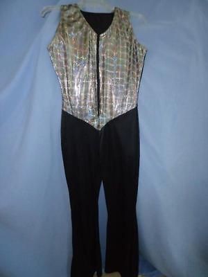 BLACK Silky POLY SPANDEX+SILVER VTG DANCE JUMPSUIT DISCO ELVIS COSTUME 