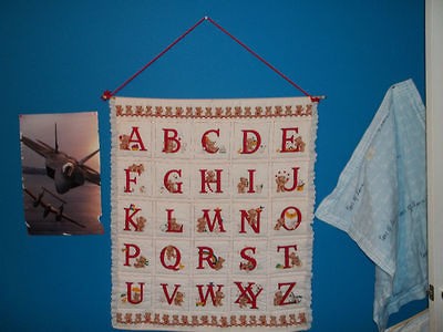 HAND MADE 34X40 QUILT ABCS BLOCKS &BEARS HAS WOOD ROD & BRAIDED ROPE 