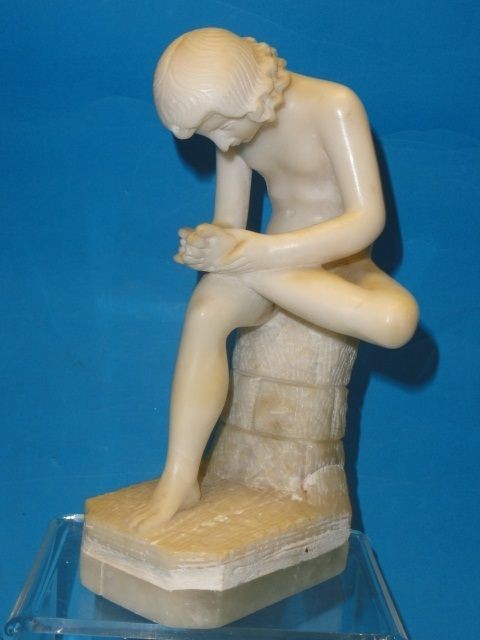 VINTAGE CARVED MARBLE ALABASTER STATUE BOY WITH THORN * FEDELE 