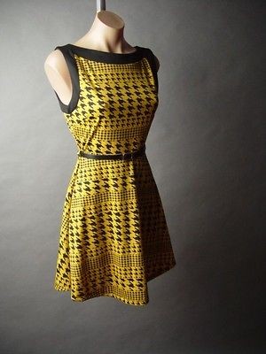 Vtg y 60s Houndstooth Pattern Yellow Blk Bateau Neck Belted 03 mv 