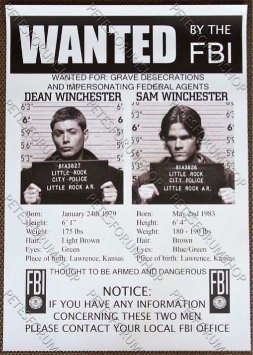 SUPERNATURAL SAM & DEAN WINCHESTER WANTED POSTER