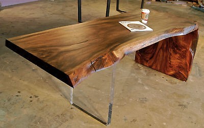 Reclaimed monkeypod desk, lucite leg, live edge, raw edge