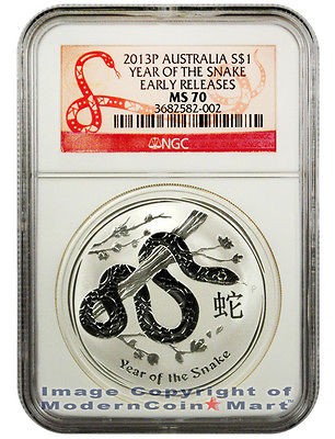 2013 P Australia 1 Oz Silver Lunar Year of the Snake $1 NGC MS70 ER 