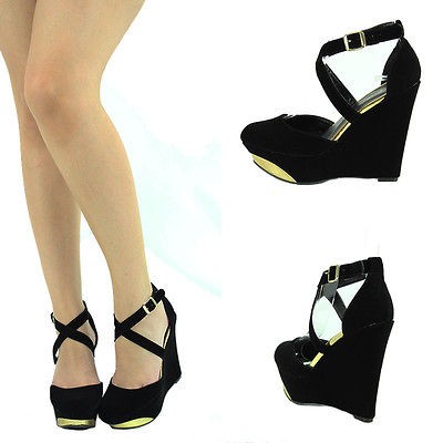 BLK/GOLD CLOSED TOE 5 HIGH HEEL PLATFORM MARY JANE WEDGE WOMENS PUMP 