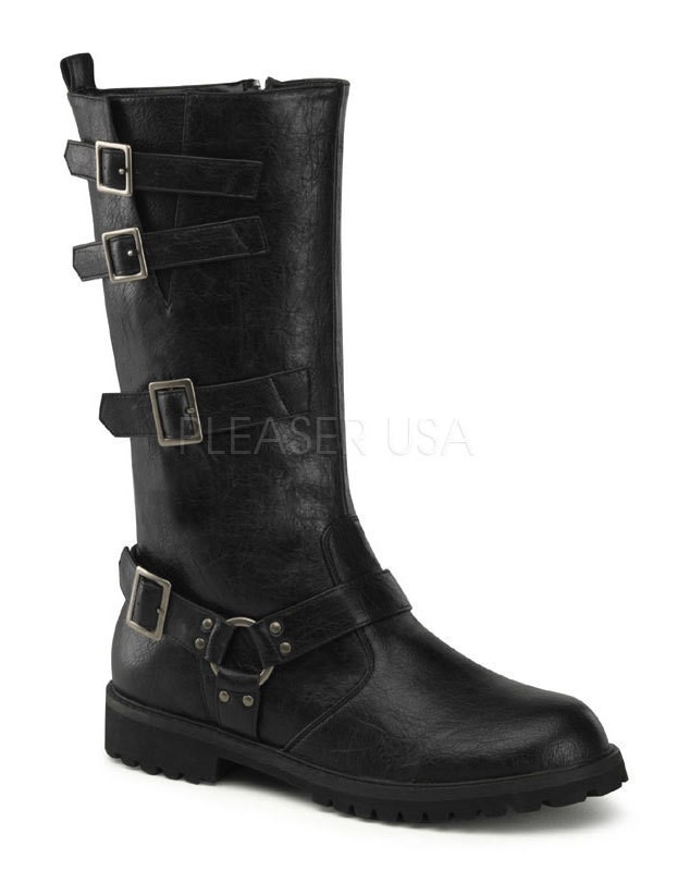 Mens Biker Superhero Black Buckle Strap Calf Boots