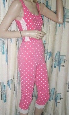 80s Bonnie August Pink White Polka Dot Onsie & Leggins 2 Pc Workout 