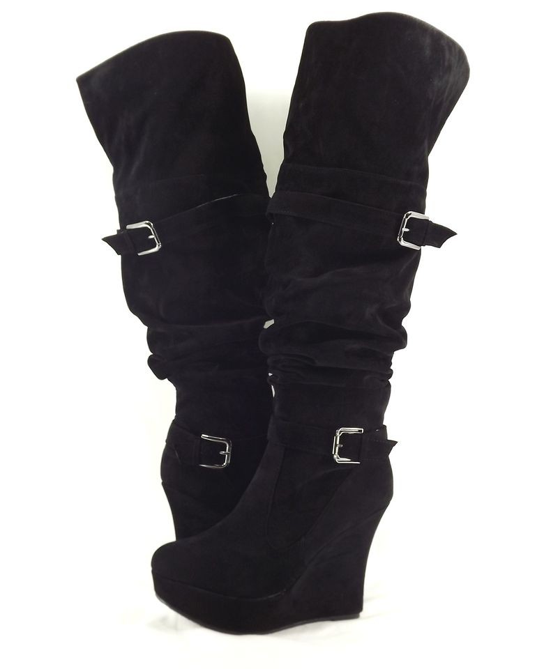 Womens Shoes BAMBOO CHARLI 09 BUCKLED THIGH HIGH WEDGE BOOTS BLACK 