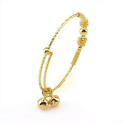 9K Real Gold Filled Baby Children 2 Bell Bangle Bracelet_Nicke​l And 