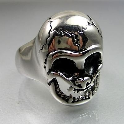 Cool Biker Mens Stainless Steel Baby Face Cracked Skull Ring Size 9.5