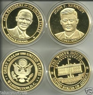 44TH PRES BARACK OBAMA & 35TH PRES JOHN F KENNEDY 24 KT GOLD MEDALLION 