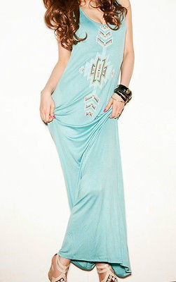 Beach Bungalow Turquoise Navajo Print Racer Back Maxi Dress CHELSEA 