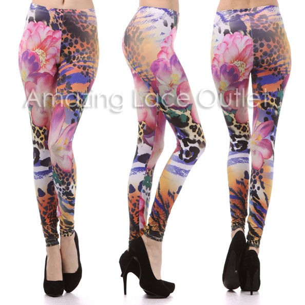 Floral Animal Print Leggings Leopard Cheetah Trendy Tights Stretch 