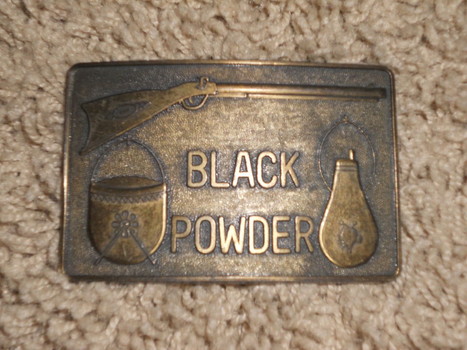 Vintage Black Powder Belt Buckle Rifle Gun Ammo 1970s? Rendevous 