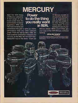 1974 MERCURY OUTBOARD MOTOR AD   10 MODELS FROM 4 HP TO 150 HP