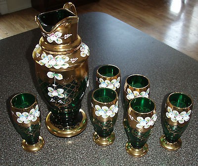   Moser 14k 6 Gold Enamel 6 Glass Decanter Set 12 Pitcher Water Wine