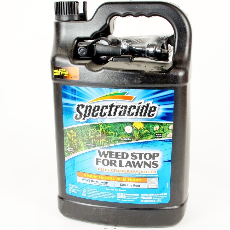 Bottles of Spectracide Weed Stop for Lawns Plus Crabgrass Killer 