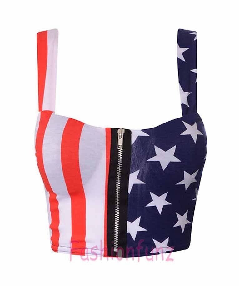   LADIES SEXY CROP ZIP FRONT AMERICAN FLAG PRINT PADDED BRA BRALET TOP