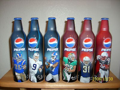 NFL PEPSI ALUMINUM SODA BOTTLES WITH 1 BUDWEISER CAP AND 1 BUD LIGHT 