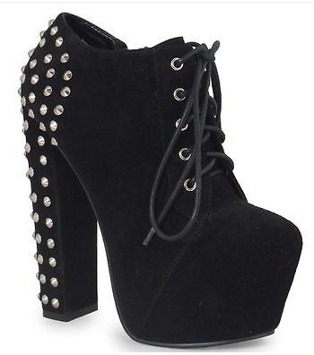   LADIES LACE UP PLATFORM BLOCK HEEL BOOTS, BLACK SUEDE STUD, SIZE 3 8