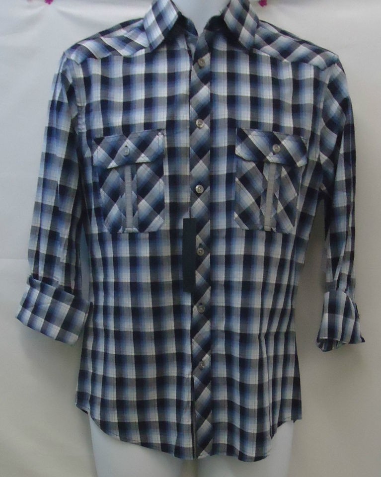 Black Brand Rue21 Blue Gray Plaid Western Button Down Shirt Sz. S 