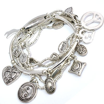   Joy Yin Yang Charms Good Karma Charm Silver Stretch Bracelets 6 Set