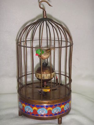 Brass And Cloisonne Carved Two Birds In Cage Clock