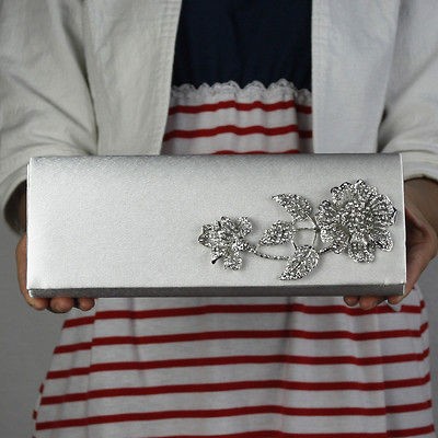 SILVER RHINESTONE ROSE BROOCH CLUTCH EVENING BAG (HBG083)