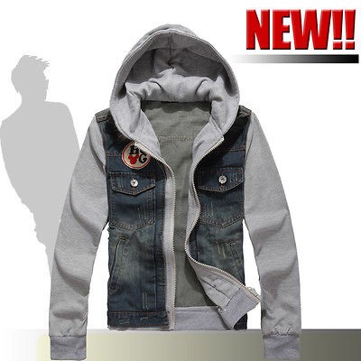 New Arrival Men Slim Fit Assorted Colors Badges Hooded Jeans Coat 