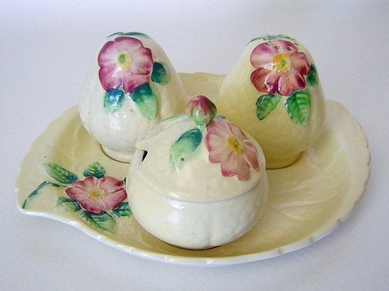 Carlton Ware Wild Rose Salt Pepper Mustard Condiment Set Australian 