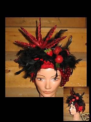 CARMEN MIRANDA LATIN LADY RED/BLACK FRUIT/FEATHER BAND