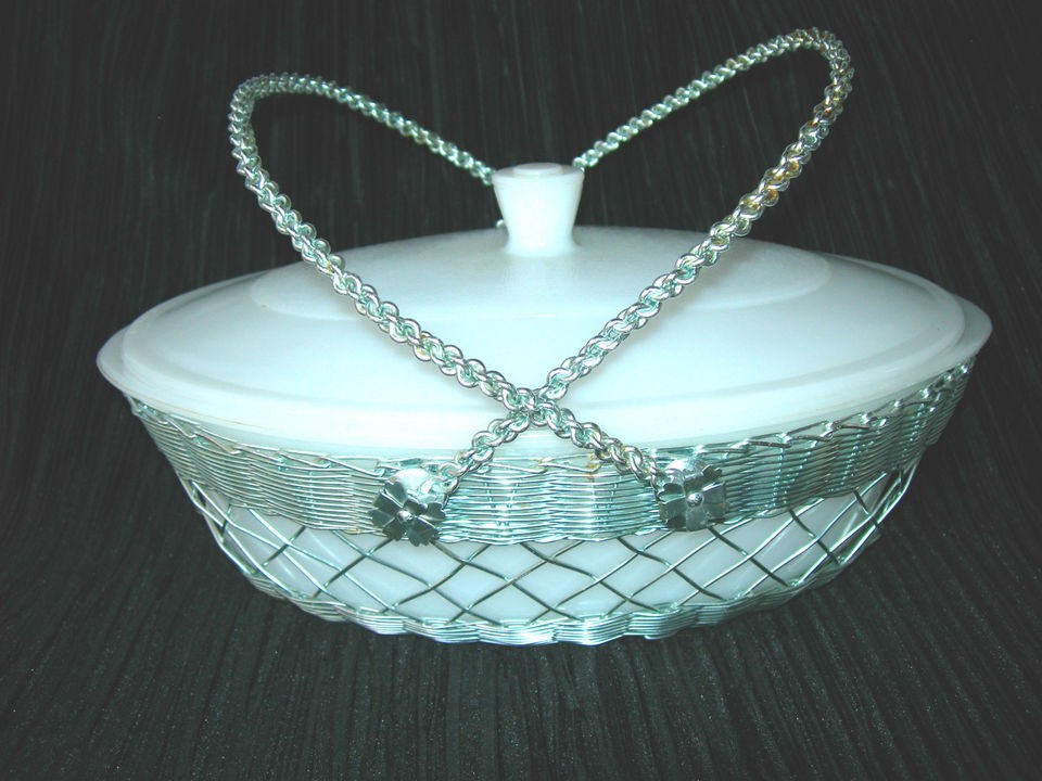   Glasbake 2 qt Covered Casserole Server/Dish w/Aluminum Basket Made USA