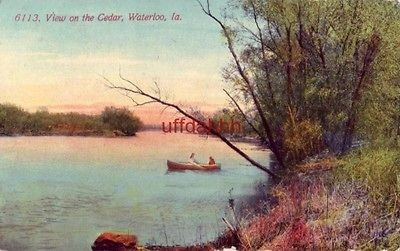 VIEW ON THE CEDAR WATERLOO, IA 1913 two people in canoe