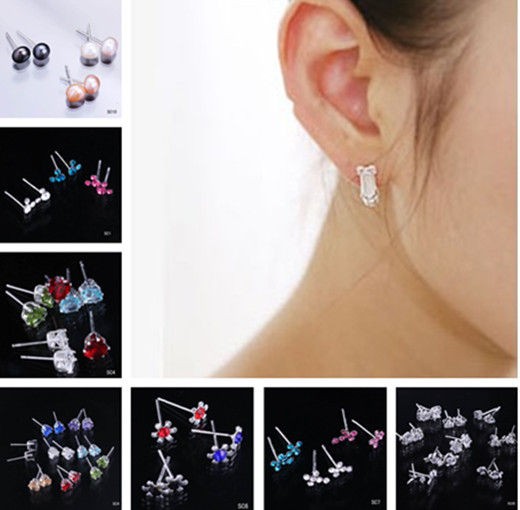 40pcs CZ Crystal Rhinestone Charms 925 Sterling Silver Ear Stud 