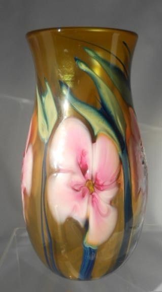 SPECTACULAR SIGNED CHARLES LOTTON MULTI FLORA PINK & AMBER VASE C 1980