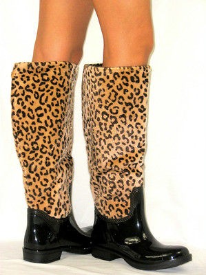   FUR LINED* Flat GALOSHES WELLIES RUBBER RAIN Boots LEOPARD CHEETAH