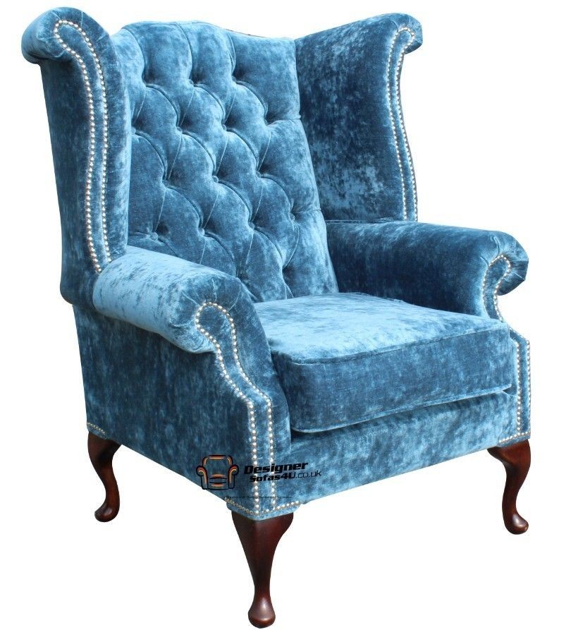 Chesterfield Queen Anne High Back Fireside Wing Chair Crushed Teal 