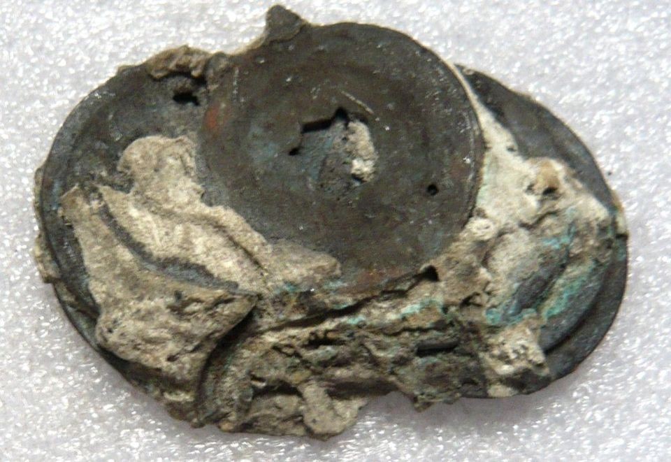 clump of Chinese bronze coins from shipwreck, 6 coins fused together
