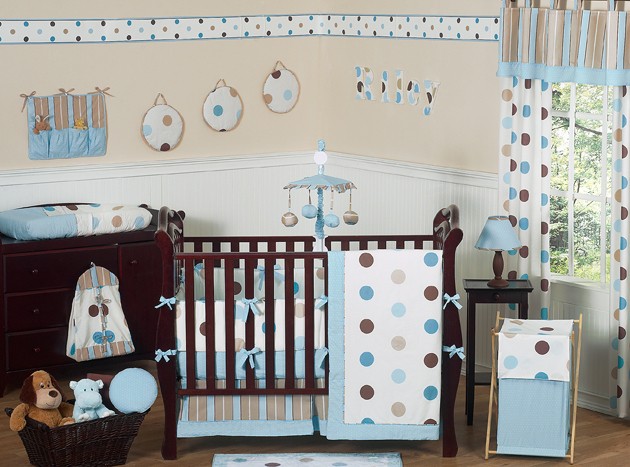   BLUE AND BROWN POLKA DOT BABY GIRL CRIB BEDDING COMFORTER SET